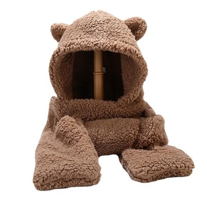 Cache-cou, <span class=keywords><strong>bonnet</strong></span>, écharpe et gants 3 en 1 en fausse fourrure polaire d'hiver, motif ours mignon, pour voyage, unisexe, adulte, prix abordable - Product Image 1