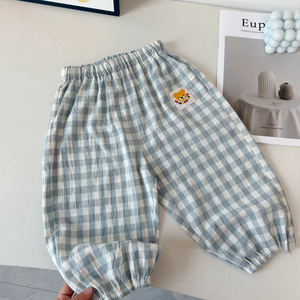 Kids Cotton Plaid Long Pants Blue Checkered Elastic Waist Casual Summer Wear - Product Image 1