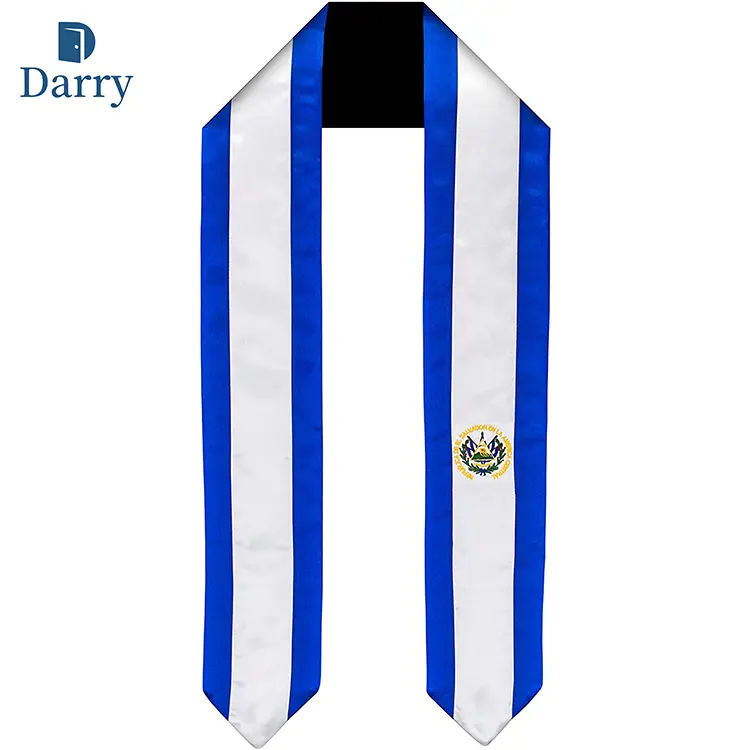 El Salvador Flag Graduation Sash/Stole International Study Abroad Adult Unisex With Embroidery Logo 100% Satin Polyester