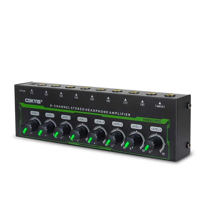 8-Channel Stereo Headphone Amplifier with Dynamic RGB Lights Mini Metal Body and 8 Independent Volume Controls for Studio KTV
