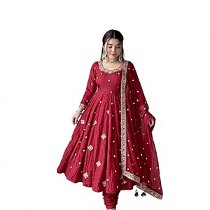 <b>Red</b> <b>Silk</b> Modern Kurta/Kurti Anarkali Dress Floor Length Traditional Wedding Wear for Women India Pakistan Style - Product Image 3