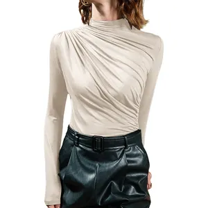 wholesale manufacturers asymmetric long sleeve ladies t shirt custom fashion ruched top elegant women blouses