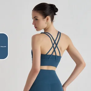 Soutien-gorge de sport double face brossé TongJoes, maintien élevé, nylon, antichoc, coussinets amovibles, logo frontal, veste de fitness - Product Image 6