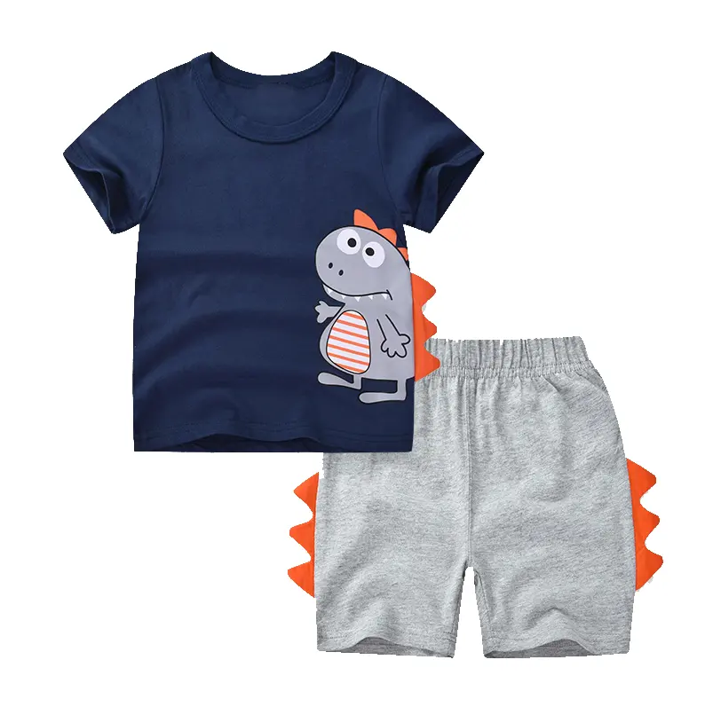 New Kids Cotton Cute Dino Set Casual Crew Neck T-shirt Short Set Boys Clothing Sets in Summer
