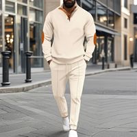 Ensemble 2 pièces pour homme : Sweat-shirt à col montant semi-boutonné avec empiècements gaufrés aux coudes et pantalon à cordon de serrage