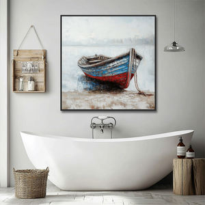 Art mural moderne de l'océan côtier décor de salle de bain en acrylique peint à la main avec des bateaux sur des peintures de paysages marins sur toile de plage - Product Image 2