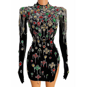 Vintage siyah kadife Rhinestones püskül düğün parti elbise bayanlar sahne dans kostümü kadınlar seksi Bodycon kulübü balo kıyafetleri - Product Image 1