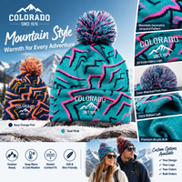 Bonnet en tricot unisexe personnalisé avec pompon géométrique jacquard Montagne du Colorado, logo brodé 3D, revers, pour l'hiver, le ski et les activités de plein air