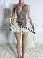 Ocstrade blanc plume d'autruche diamant robe femmes élégantes robes de fête d'anniversaire femmes Sexy argent strass robe de club