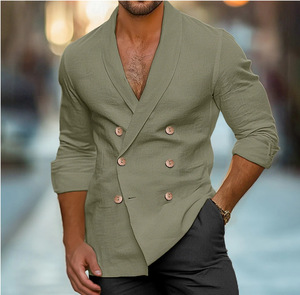 Nouvelle <span class=keywords><strong>chemise</strong></span> à manches longues et double boutonnage de couleur unie pour hommes, haut à <span class=keywords><strong>col</strong></span> châle à la mode - Product Image 4