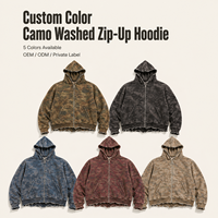 IKDEER Sweat à capuche zippé personnalisé en camouflage intégral, délavé, avec ourlet et poignets bruts, coupe oversize et carrée, vêtement d'extérieur décontracté pour homme