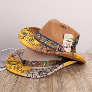 Chapeau de <span class=keywords><strong>cowboy</strong></span> occidental pour hommes et femmes, design original, accessoires en plumes, chapeaux Fedora imprimés en laine, chapeau de <span class=keywords><strong>cowboy</strong></span> de fête - Product Image 2