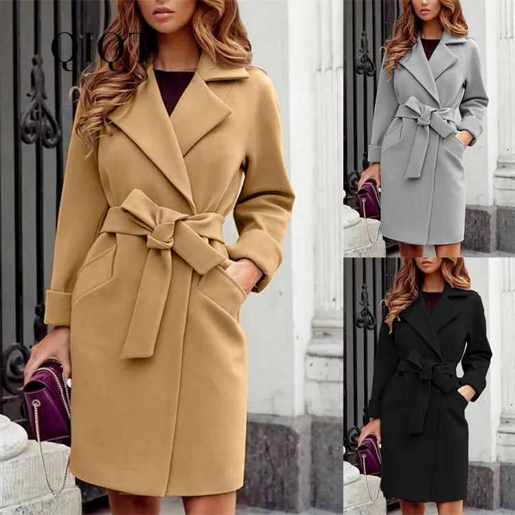 Casacos femininos de lapela, casaco longo com cinto de lã com gola, cor sólida, para inverno e outono