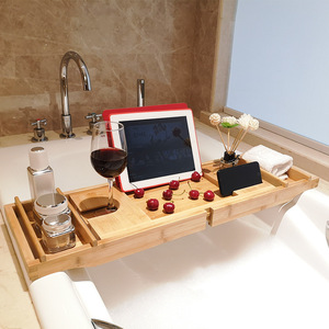 Support de baignoire en bambou extensible, support pour tablette et téléphone, rangement pour verres à vin, organisateur de salle de bain rétractable, sans perçage requis - Product Image 1