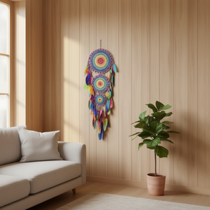 Atrapasueños Angelina de Tres Capas, 35cmx110cm, Plumas Multicolores, Decoración Bohemia para Colgar en la Pared, Patrón Mandala - Product Image 2