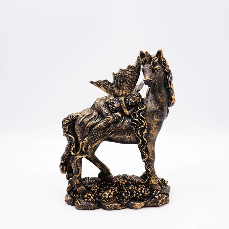 OEM decorazione giardino fatto a mano mini statua in miniatura in resina personalizzata artigianale bronzo mistico fata e unicorno figurine