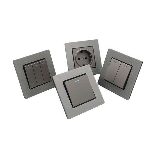 Brushed Stainless Steel Panel French German Sockets 16A 250V EU Standard Wall Power Outlet Grey Metal Faceplate CE Socket