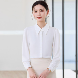 White Long Sleeve Shirt Women Professional Work Blouse Solid Color Poplin Fabric Button Front Elegant Office Wear - Product Image 3