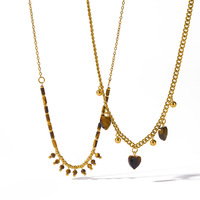 Collier pour femme en acier inoxydable plaqué or PVD 18 carats, style Maillard Bohème Vintage, avec pendentif cœur en pierre œil de tigre naturelle et perles superposées
