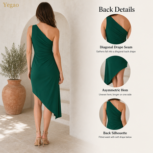 Abito Elegante da Donna Yegao in Raso Verde Smeraldo, Monospalla con Drappeggio, Lunghezza Midi, Orlo Asimmetrico, Personalizzabile OEM ODM - Product Image 2