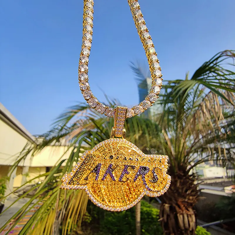 Позолоченное Латунное ожерелье с кулоном, выполненное на заказ с блестящим кубическим цирконием, баскетбольной команды Лос-Анджелеса, Lakers