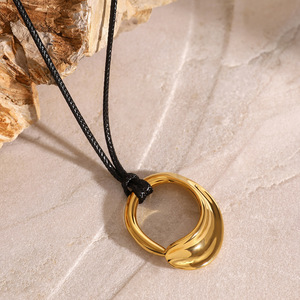 Stainless Steel Geometric Pendant <b>Necklace</b> 18k Gold Plated Openwork Design Black Waxed Cord Jewelry - Product Image 2