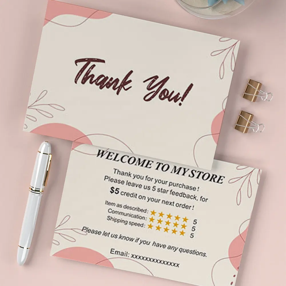 بطاقة "thank you" كريستال كود على شكل ورق رقيق ذهبي مخصص بطاقة تهنئة مطوية بطاقة "thank you" للأعمال الصغيرة