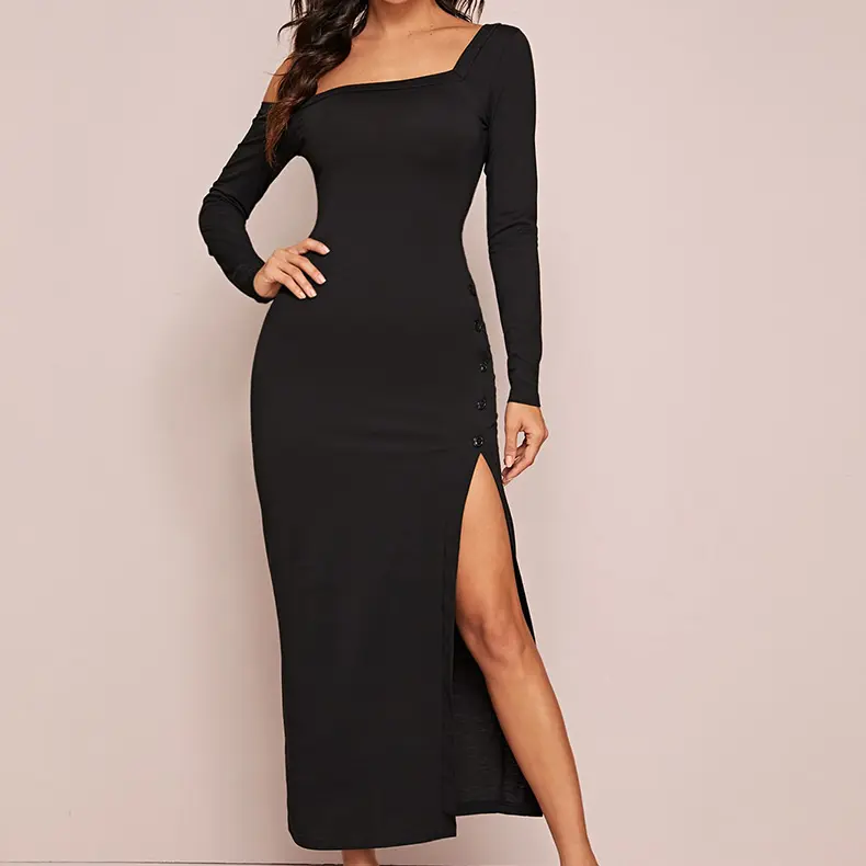 Black Elegant Dress Square Collar Long Sleeve Fit And Flare Dresses Floor Length For Women Hepburn Style High Slit Casual Dress