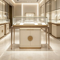 Vitrine à bijoux rectangulaire en verre de luxe sur mesure, cadre or champagne, éclairage LED, double porte, armoire de rangement, pieds en bois