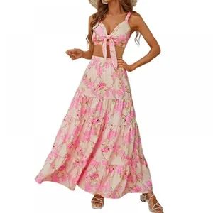 Custom Summer Bohemian Fashion 2 Piece Beach Set Women Casual Floral Top Long Skirt Set