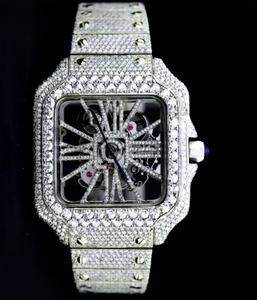 VVS Stainless Steel Square Glass <b>Crystal</b> Analog Display Quartz Movement 5mm Thickness Luxury Antique Hip-Hop Watch Auto Date - Product Image 1