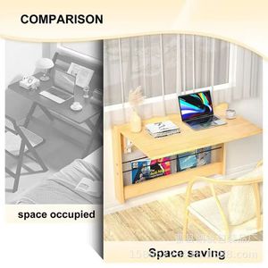 Wooden Wall Mounted Folding <b>Desk</b> With Bookshelf Storage Natural Color Solid Wood <b>Study</b> Table For Home Office - Product Image 2