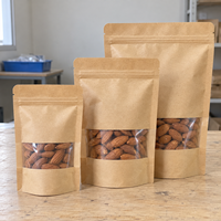 Sachet Doypack en papier kraft brun de qualité alimentaire, refermable avec fermeture éclair et fenêtre transparente, prêt pour la vente au détail, pour amandes, noix et snacks