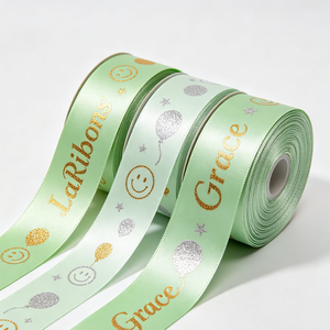 Ruban gros-grain polyester/coton bleu clair 1-1/2 pouce, imprimé texte joyeux en feuille d'or, simple face, résistant au rétrécissement - Product Image 5