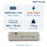 Cellule Li-ion INR21700 NCM 18C 90A 5000 mAh à débit de décharge élevé, batterie lithium-ion cylindrique 5000 mAh Tenpower 50xg 21700