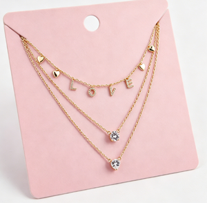 Collier superposé avec lettres LOVE pour la Saint-Valentin, plaqué or 18 carats, laiton, multi-brins, avec cœurs en zircon cubique, empilable, pour femmes, vente en gros - Product Image 1