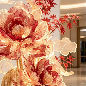 Y-011 Installation florale géante de luxe en organza artificiel, pivoine et érable, pour la décoration de hall d'hôtel - Product Image 1