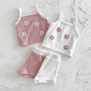 Pantaloncini estivi da ragazza in due pezzi senza maniche con abito da bambina ricamato a fiori Set da abbigliamento per neonato - Product Image 1