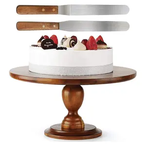 Factory Acacia Wood Cake Stand 100% Natural Rustic Cake Stand Wooden with 2 Icing Spatulas Wedding and Birthday Cake Pedestal
