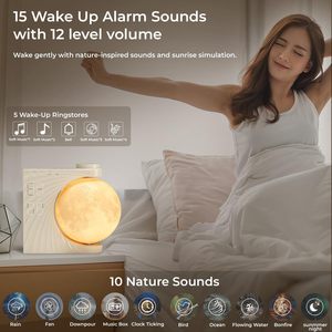 Lampe lunaire, réveil lumineux en plastique, 8 couleurs LED, lumière de réveil, double alarme, fonction snooze, 10 sons naturels [Énergie - Product Image 2