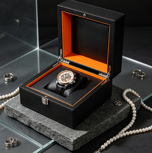 Boîte à montre simple en cuir PU de luxe, étui de rangement pour montre-bracelet à ouverture à charnière avec intérieur orange pour emballage cadeau de montre-bracelet - Product Image 6