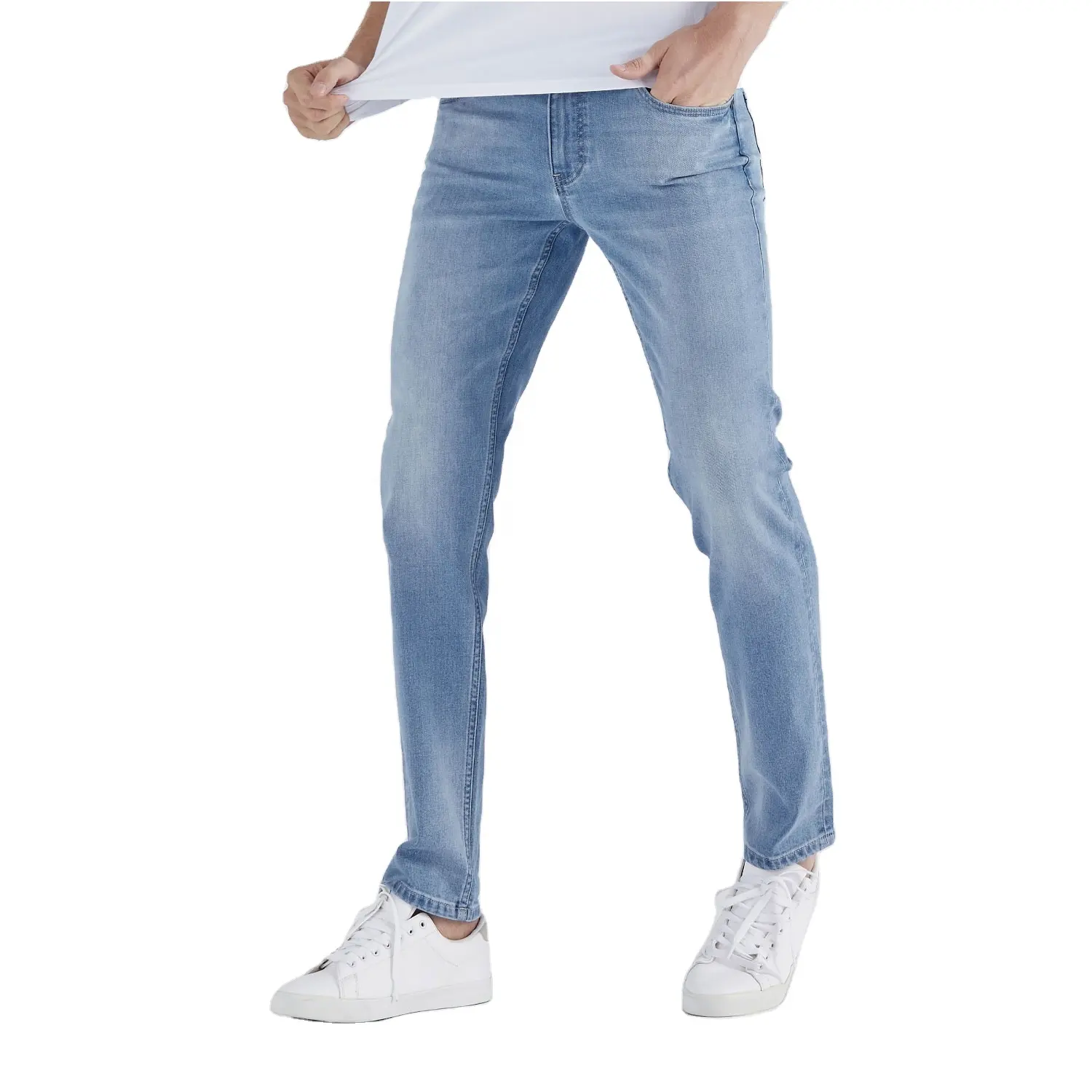 Neueste Modell kleinen Stil Junge gestapelt Skinny Fit Loch Fitness Jogger Skinny hellblaue junge Männer enge Jeans