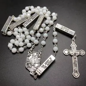 6mm bianco vetro sfaccettatura rosario, collana del rosario religioso con FATIMA centor, singapore collana del rosario cattolico
