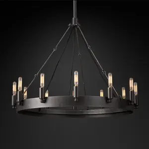 Custom American Farmhouse Industry Pendants Light Black Wagon Wheel Rustic Iron Brass Candles Chandelier