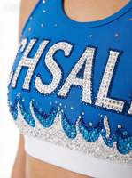Kaos & Atasan Berhias Rhinestone Kustom Berkilau Desain Kustom Biru Mengkilap Pakaian Latihan Cheerleading Celana Pendek 2 Set Seragam