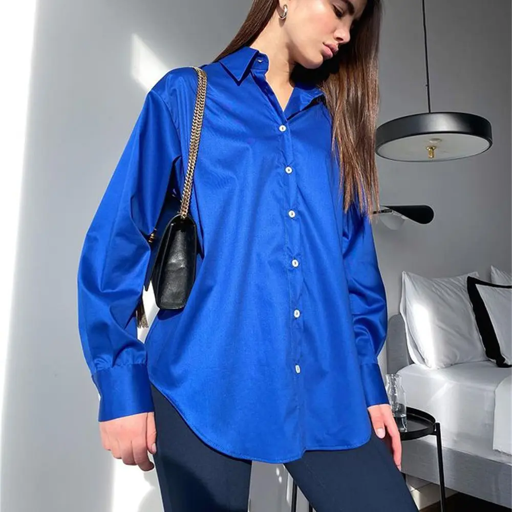 Blue Chic Chemise Tops 2022 Office Lady Long Sleeve Blouse New Women Simply Solid Color Single Breasted Poplin Summer Shirt