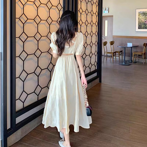 Vestido sin espalda estilo francés, mangas abullonadas, cintura elástica, cuello cruzado, color liso, uso diario informal, transpirable - Product Image 4