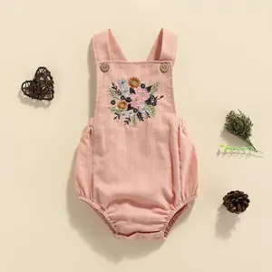 Barboteuse d'été en coton pour bébé fille avec broderie de fleurs