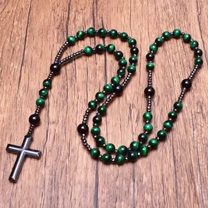 2023 Retro Natural Stone Turquoise Tiger Eye Black Hematite Cross Pendant Men's Original Stone Prayer Beads Rosary Necklace