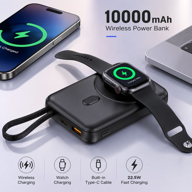New Fast 10000 MAh Type-C Cable Phone Holder Wireless Charger 22.5W PD Smart IC Built-in Cable 2 in 1 Power Bank Pour Téléphone